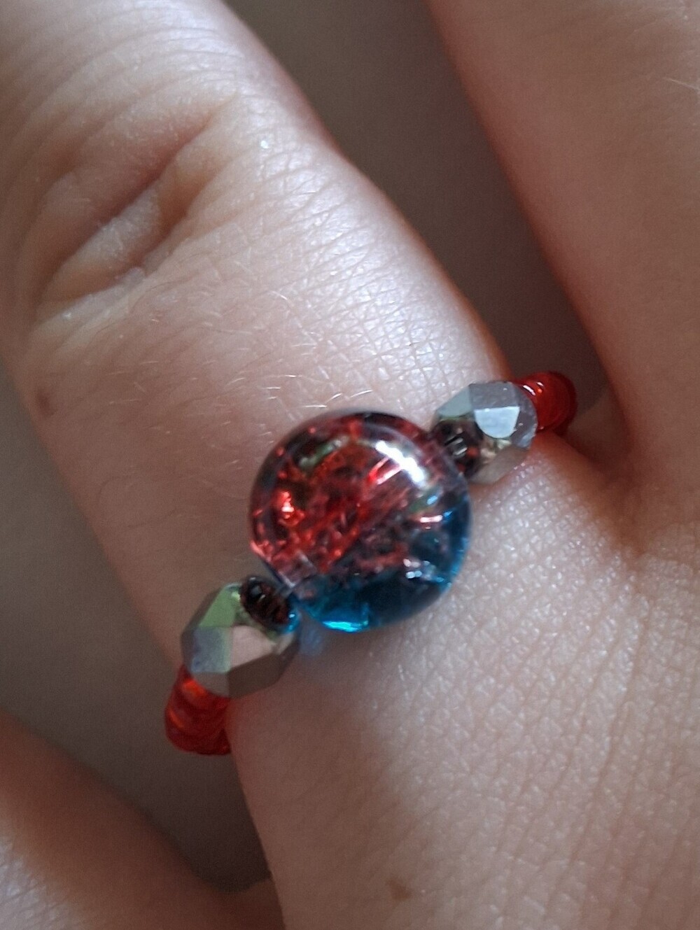 5/$25 Hand Crafted Red and Blue Glass Focal Bead Ring 7,8,9